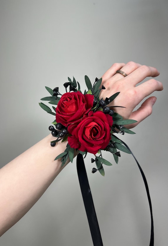 wrist corsage for red prom dress Red Sweetheart Rose Corsage with wristlet