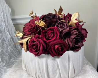 Wedding Cake Decoration Burgundy Large Topper Decor Cake Arrangements Wedding Burgundy Cake Decor Maroon Gold Topper Cake Artificial Flowers