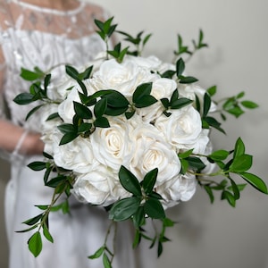 Wedding Bouquet White Bridal Wedding Ivory  Classic Rose Bridesmaids Decor Handmade Artificial Faux Greenery Flower Eucalyptus Decoration