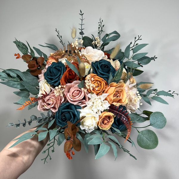 Wedding Dark Teal Bouquet Rust Orange Bridal Dusty Rose Bridesmaids Bouquet Terracotta Dusty Rose Silk Artificial Flowers Bouquet