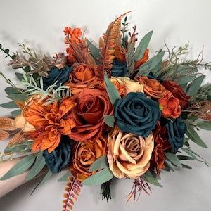 Teal Orange Bouquet Wedding Bridal Terracotta Dark Teal Bridesmaids Bouquet Rust Teal Blue Fall Bouquet Sage Eucalyptus Artificial Flower
