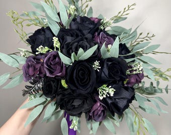 Wedding Bouquet Black Dark Purple Bridal Wedding Gothic Bouquet Black Decor Plum Black Bridesmaids Bouquet Sage Artificial Flower