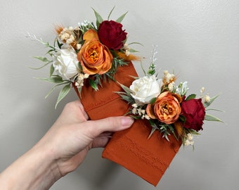 Wedding Pocket Boutonniere Terracotta Groom Boutonnière Square Groomsmen Rust White Burnt Orange Ivory Boutonniere Red Artificial Flowers