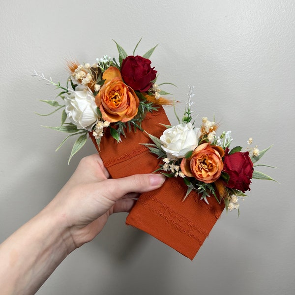 Wedding Pocket Boutonniere Terracotta Groom Boutonnière Square Groomsmen Rust White Burnt Orange Ivory Boutonniere Red Artificial Flowers