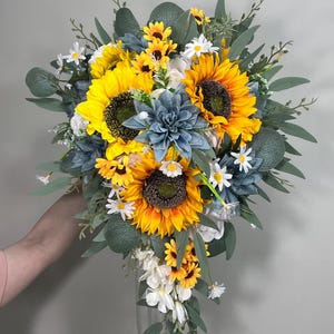 Sunflower Dusty Blue Bouquet Wedding Cascading Sunflower Bridal Bouquet Dusty Blue Cascade Bridesmaids Bouquet Yellow Sunflowers Blue