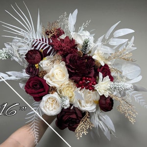 Wedding Bouquet Burgundy Winter Christmas Bridal Ivory Rustic Bridesmaids Decor Gold Christmas Tree Snow Pine Cone Red Berries Artificial