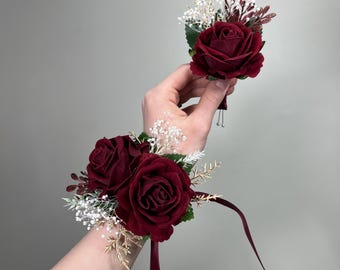 Burgundy Boutonniere Wedding Groom Boutonniere Burgundy Gold Groomsmen Baby Breath Boutonnière Wine Red Prom Maroon Artificial Flowers