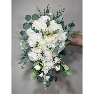 Hochzeitsstrauß Kaskade Weiß Braut Brautjungfern Kaskadenstrauß Hochzeitsstrauß Elfenbein Dekor Eukalyptus Greenety Sage Blume künstlich