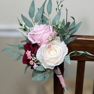 Pew Decor Wedding White Chair Decor Burgundy Aisle Flowers Blush Pink Aisle Arrangement Wedding Ceremony Decoration Chair Artificial Flower