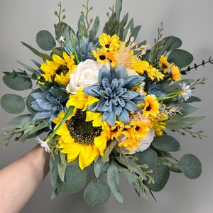 Sunflower Dusty Blue Bouquet Wedding Sunflower Bridal Bouquet Dusty Blue Yellow Sunflowers Bridesmaids Bouquet Dusty Blue Sunflower White