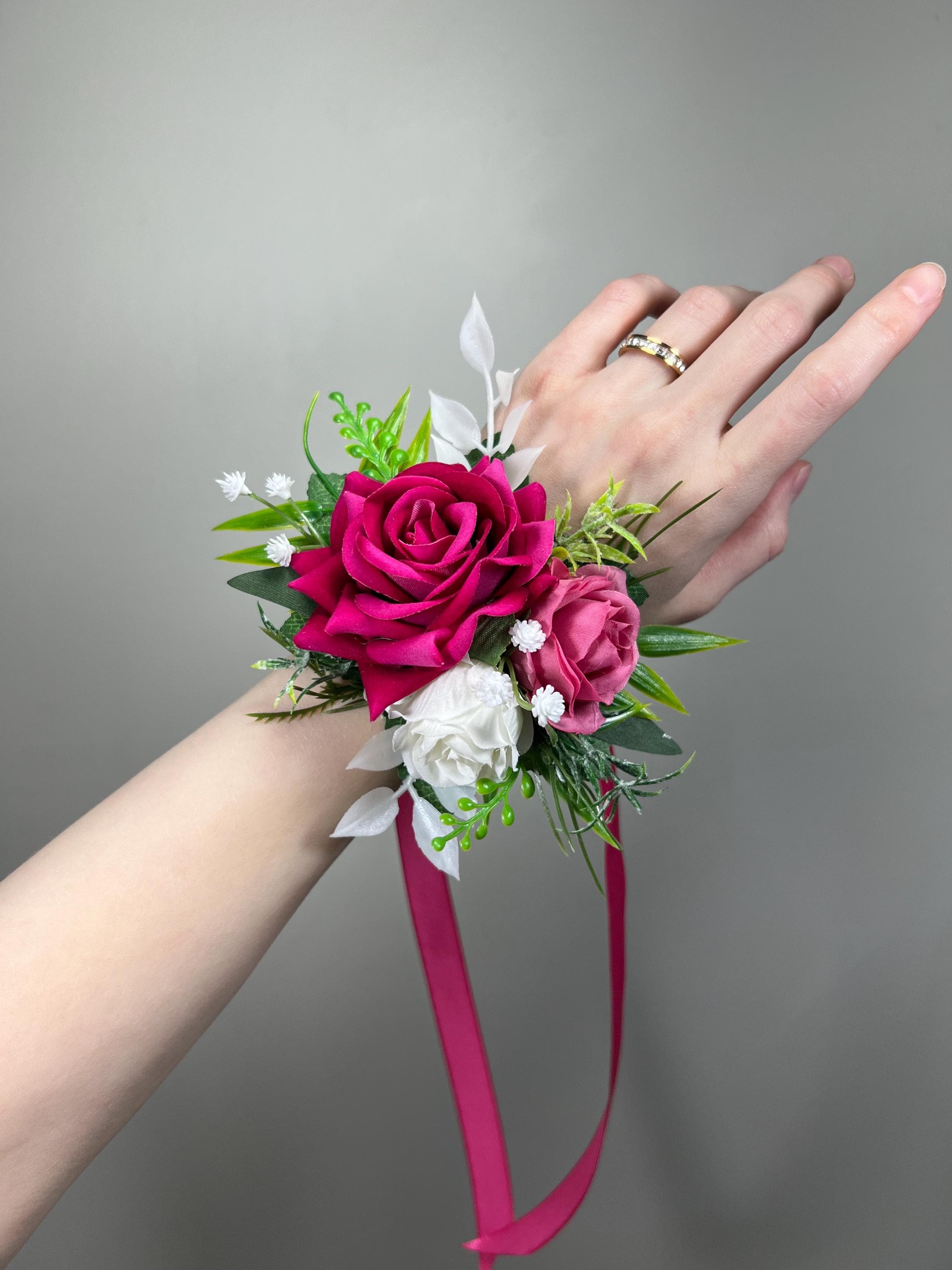 Hot Pink Corsage Wedding Fuchsia White Deep Pink Dark Wrist