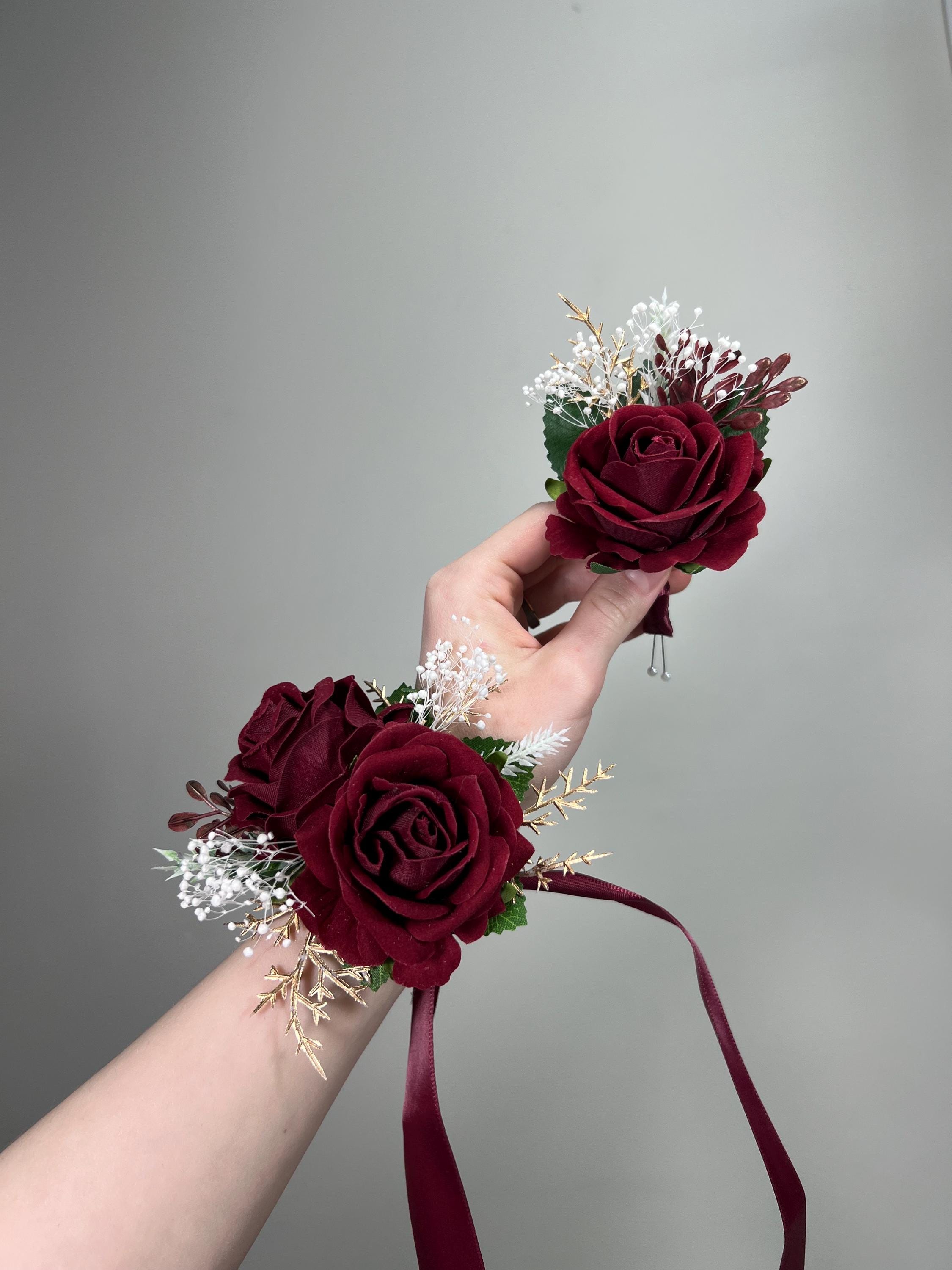Burgundy Boutonniere Wedding Groom Boutonniere Burgundy Gold Groomsmen Baby  Breath Boutonnière Wine Red Prom Maroon Artificial Flowers
