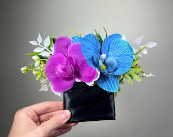 Blue Purple Orchid Pocket Boutonniere, Groom Tropical Wedding Boutonniere, Sapphire Blue Violet Pocket Square, Groomsmen Teal Blue Flower