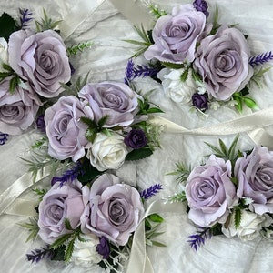 Purple Corsage Wedding Wrist Corsage Lilac Bridesmaids White Corsage Ivory Mom Corsage Lavender Boutonnière Artificial Flowers