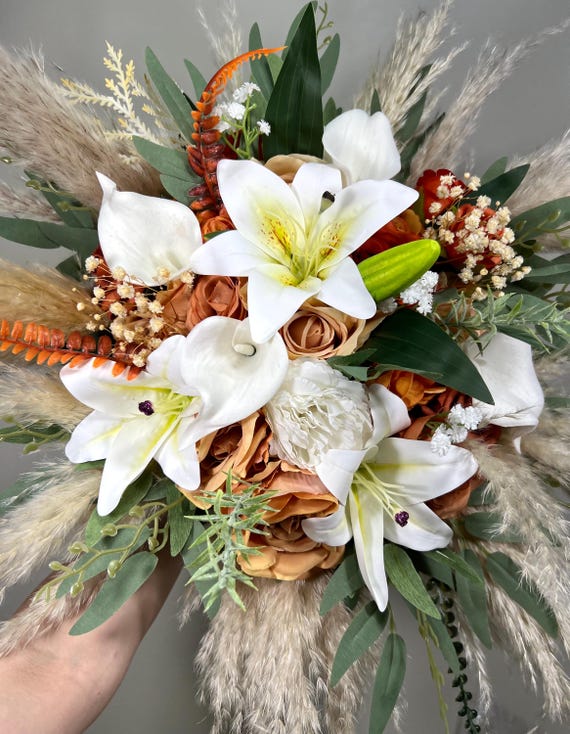 Lilies Terracotta Bridal Bouquet Tiger Easter Lily Calla Boho Rust White  Burnt Orange Bridesmaids Pampas Grass Eucalyptus - Etsy