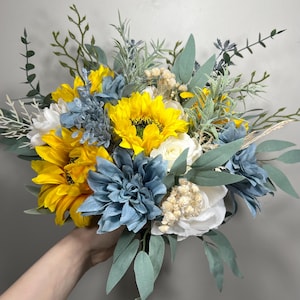 Sunflower Bouquet Bridal White Sunflower Bouquet Dusty Blue Sunflower Bridesmaids Bouquet Blue Sunflower Artificial Flowers
