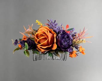 Purple Orange Hair Comb, Wedding Plum Burnt Orange Hair Accessories, Bridal Bridesmaids Hair Piece, Decorative Comb Terracotta Dark Purple