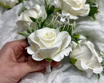 White Boutonniere Wedding Groom Groomsmen Boutonnière Ivory Wedding Artificial Flowers Eucalyptus Cream Rose Prom Boutonniere Off-White