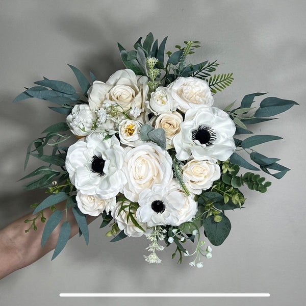 Wedding Bouquet White Anemone Wedding Ivory Anemone Cascade Bouquet Greenery Classic White Anemone Eucalyptus Handmade Decor Artificial Sage