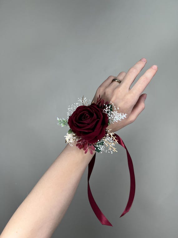 corsage for burgundy prom dress Corsage Burgundy wedding florals for Prom