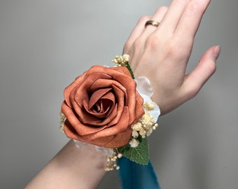 Rust Corsage Wedding Groom Terracotta Corsage Mom Corsage Cinnamon Corsage Orange Boho Baby Breath Artificial Flowers