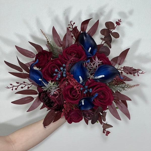 Wedding Bouquet Burgundy Navy Blue Bridal Bouquet Burgundy Calla Lily Navy Blue Bridesmaids Bouquet Navy Calla Artificial Flower