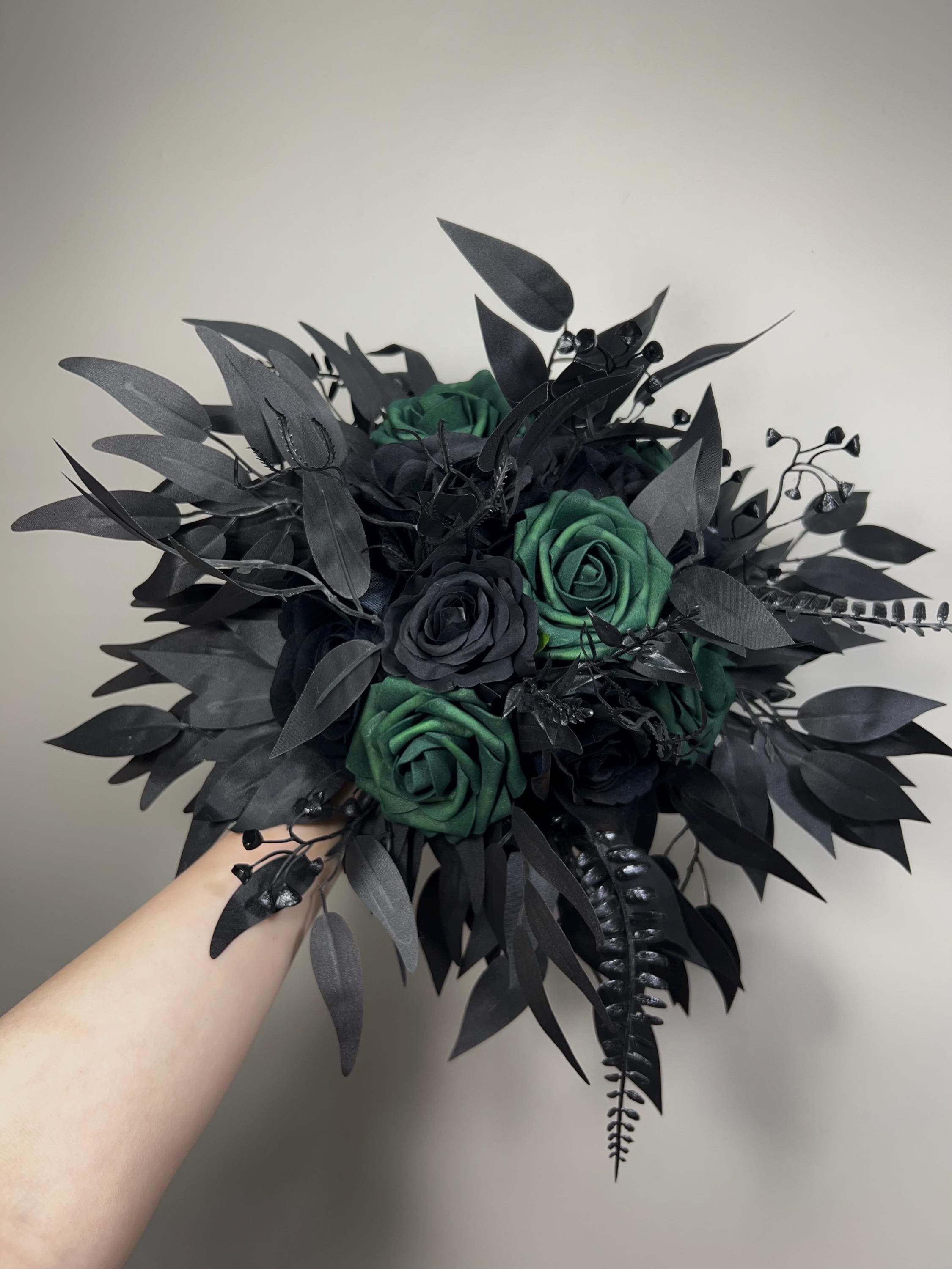 Black Emerald Green Bouquet, Wedding Bridal Gothic Bouquet 