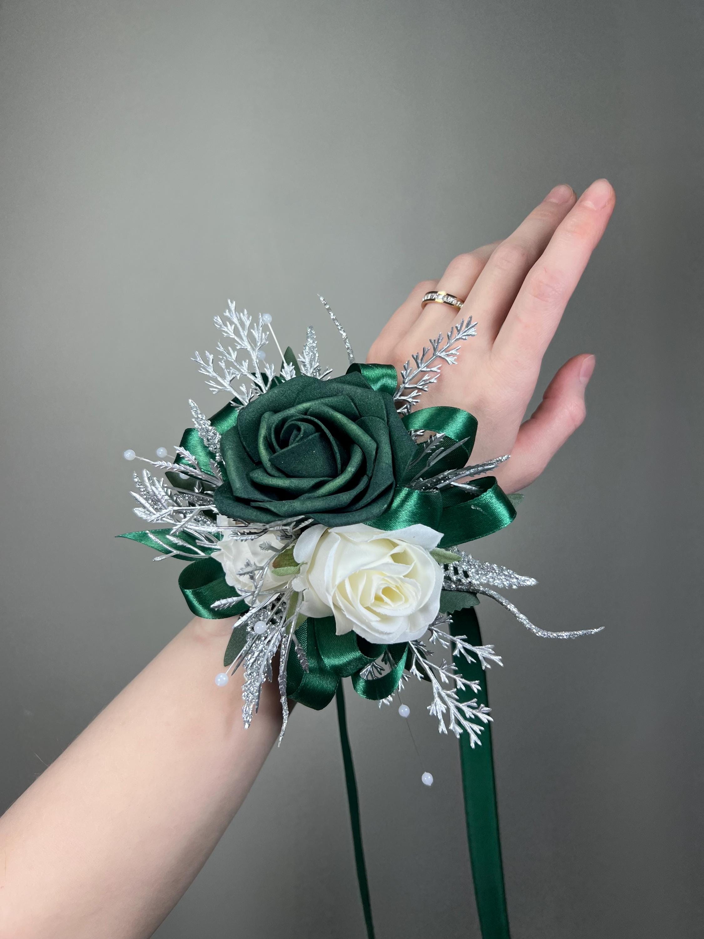 corsage to match green dress Emerald Wedding White Metallic Silver Hunter Green Dark Wrist Bridesmaids Sparkly Corsage Prom with Ribbon Artificial Flowers prom corsage for green dress