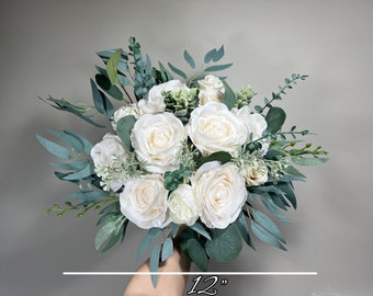 Wedding Bouquet White Bridal Ivory Bouquet Classic Sage Eucalyptus Greenery Bridesmaids Decor Bouquet White Handmade Artificial Flowers