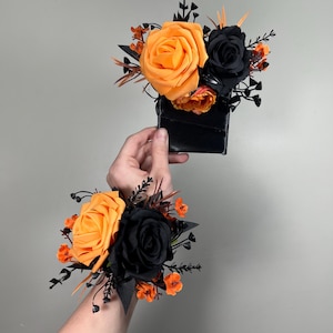 Black Orange Pocket Boutonniere Wedding Black Pumpkin Orange Square Boutonniere Groom Burnt Orange Black Pocket Boutonnière Artificial