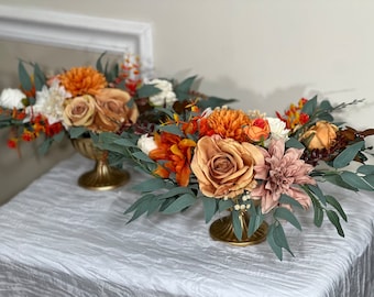 Wedding Centerpiece Terracotta Table Decor White Centerpiece Burnt Orange Table Rust Centerpiece Eucalyptus Gold Vase Artificial Flower