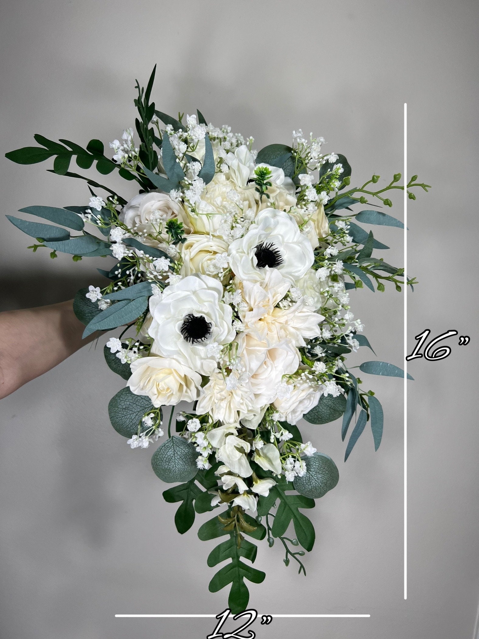 Wedding Cascade Bouquet Anemone White Baby Breath Cascading Bridal