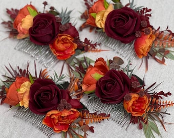 バーガンディテラコッタヘアコームバーントオレンジ造花ラスティックヘアアクセサリーブライダルラストワインレッド秋ヘアコームマルーンユーカリ