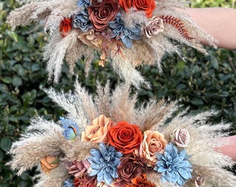 Orange Blue Arch Arrangement Wedding Boho Dusty Blue Rust Arbor Arrangement Terracotta Dusty Blue Arch Arrangement Brown Burnt Orange Pampas