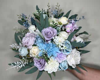Wedding Bouquet Blue Bridal Rustic Light Purple Bouquet White Lavender Wild Flower Light Blue Eucalyptus Ivory Artificial Flower Lilac