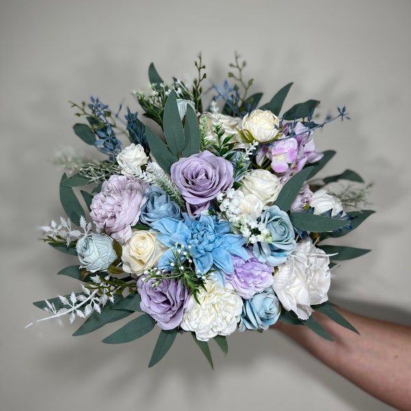 Wedding Bouquet Blue Bridal Rustic Light Purple Bouquet White Lavender Wild Flower Light Blue Eucalyptus Ivory Artificial Flower Lilac