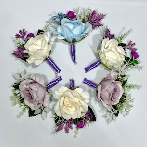 Wedding Boutonniere White Groom Wedding Groomsmen Lavender Boutonnière Purple Blue Rose Classic Boutonniere Dusty Blue Artificial Flowers