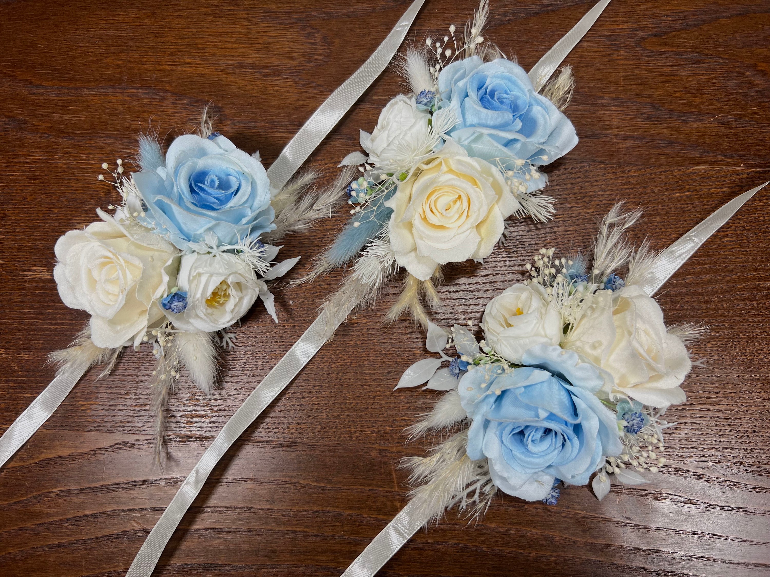 what color corsage for light blue dress Wedding White Wedding Wrist Corsage Bridesmaids Decor Dusty Blue Ivory Corsage Accessories Mom Corsage Artificial Flowers Coffee Brown Pleated A-Line NOS:fabric-pending Royal blue Purchase one of our Color:Bubblegum/light pink