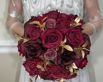 Wedding Burgundy Bouquet Bridal Gold Rustic Bridesmaids Bouquet Burgundy Maroon Red Bouquet Christmas Gold Artificial Flowers