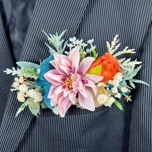 Teal Rust Pocket Boutonniere Wedding Dusty Rose Terracotta Groom Boutonnière Square White Groomsmen Gold Dark Teal Boutonniere Rust