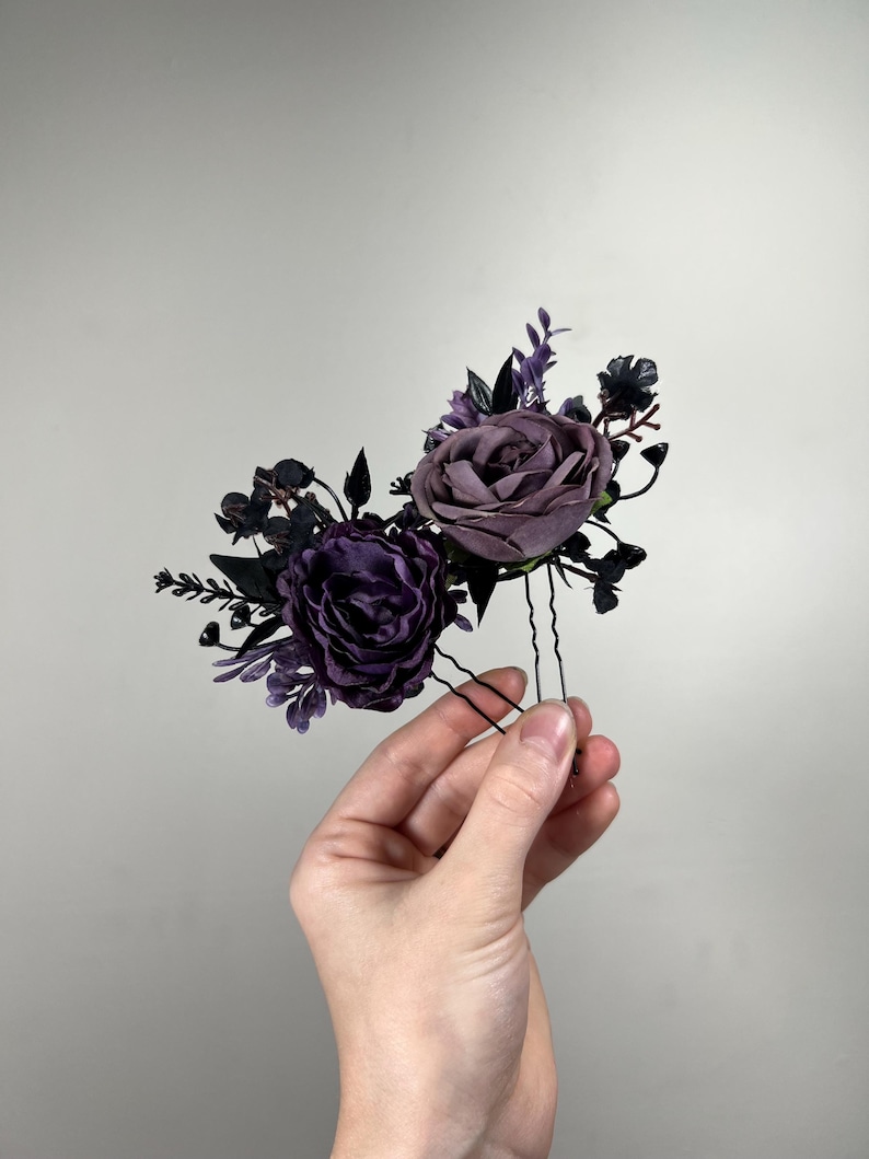Svart Lila Hårspänne Gotiskt Bröllop Hårspännen Blommigt Plommon Svart Håraccessoarer Konstgjord Blomma Peruk Svart Mörklila bild 1