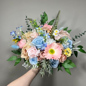 Wedding Bouquet Wild Flower Summer Pink Bridal White Spring Bouquet Pink Blush Blue Bridesmaids Bouquet Blue Wild Flower Artificial