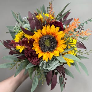 Sunflower Bouquet Wedding Bridal Boho Sunflower Burgundy Bouquet Sage Burgundy Sunflower Bridesmaids Bouquet Sage Green Artiricial Flower