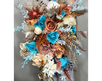 Wedding Bouquet Terracotta Turquoise Cascade Boho Bridal Rust Wedding Cascading Burnt Orange Cinnamon Decor Artificial Flower Fall