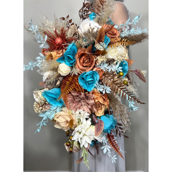 Wedding Bouquet Terracotta Turquoise Cascade Boho Bridal Rust Wedding Cascading Burnt Orange Cinnamon Decor Artificial Flower Fall