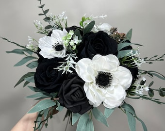 Wedding Bouquet White Anemone Bridal Bouquet Bridesmaids Wedding Black Anemone Bouquet Greenery Ivory Anemone Eucalyptus Artificial Flowers