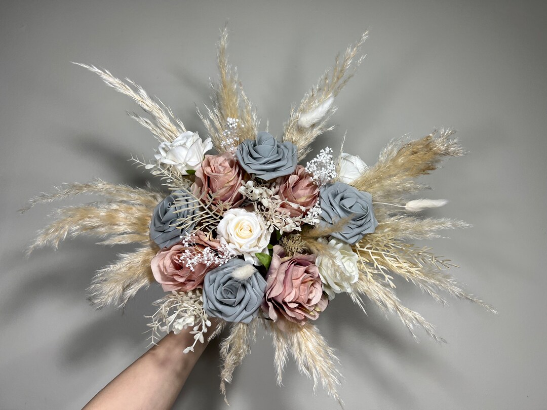 Wedding Bouquet Grey Bridal Dusty Rose Bouquet White Boho Bridesmaids ...