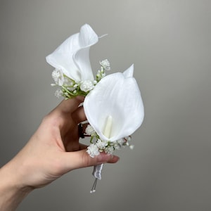 Calla Boutonniere White Wedding Groom White Boutonnières Groomsmen Calla Lily Artificial Flowers Boutonnière Baby Breath White