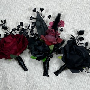 Black Burgundy Boutonniere Groom Black Boutonnières Burgundy Black Groomsmen Gothic Artificial Flowers Boutonnière Halloween Boutonniere