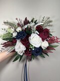 Burgundy Navy Blue White Bouquet Bridal Maroon Navy Blue Bouquet Bridesmaids Dark Red Blue Ivory Winter Bouquet Pearls Artificial Flowers